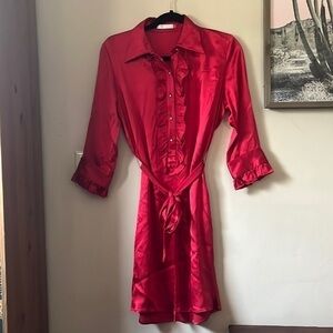 Badgley Mischka Silk Red Ruffle Blouson Shirtdress Size 4 Cocktail